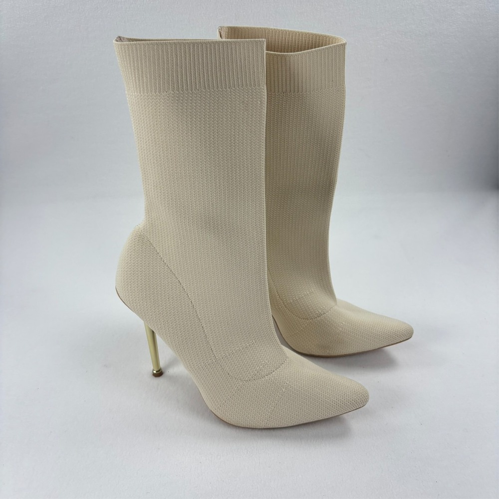 Knit Pointed Toe Sock Booties Stiletto Ivory Cream 4.5" High Heels Size 8.5 - Picture 2 of 14